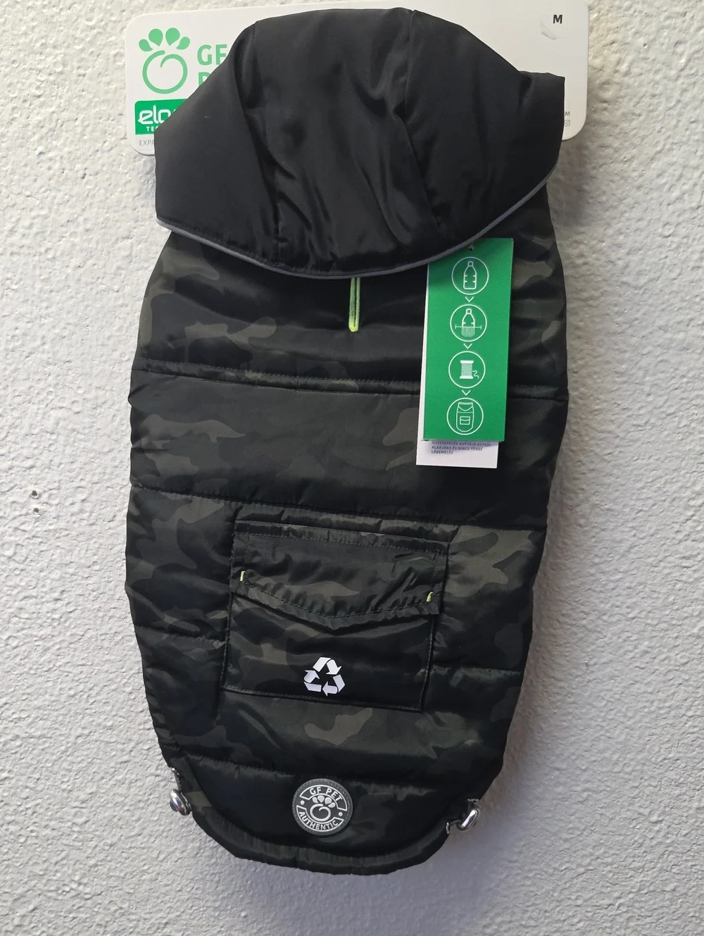Black Camouflage Puffer Dog Coat with Green Trim